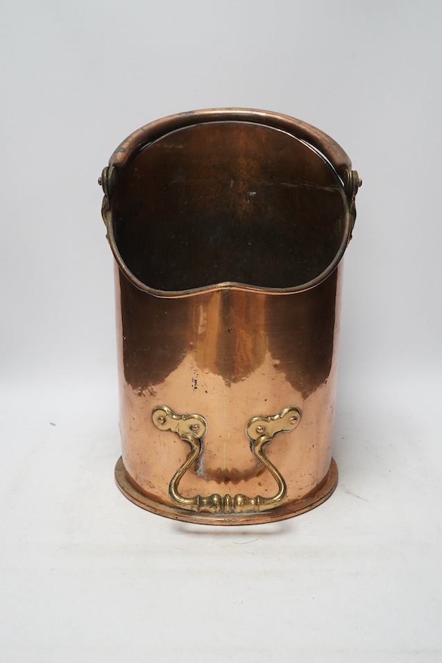 A group of copper to include a Victorian mechanical bellows, a cylindrical copper coal box and three other items, largest 49cm. Condition - poor